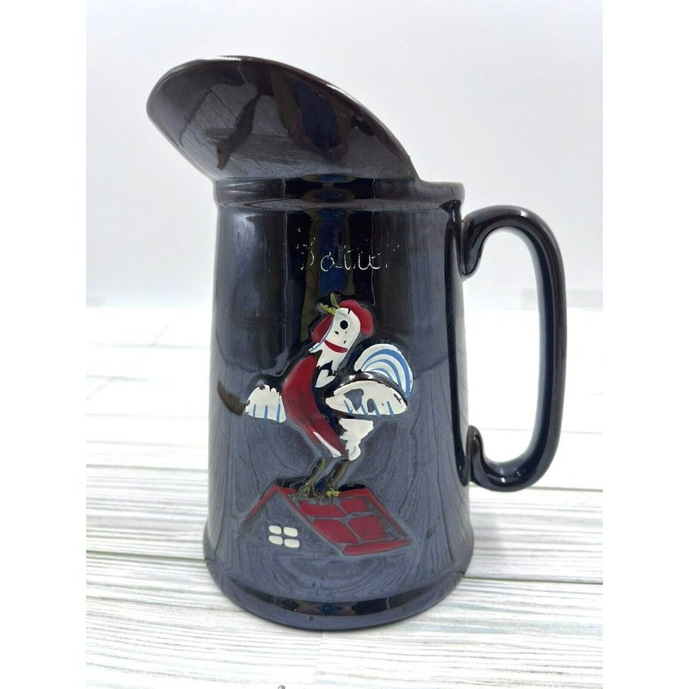 Ceramic Redware Brown Luster Pancake Batter Pitcher Rooster Design Vintage 1950s